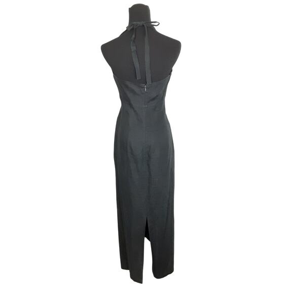Vintage 90s Black Maxi Dress Halter Tie Neck 100% Linen Back Slit Resort Minimal - Picture 5 of 16